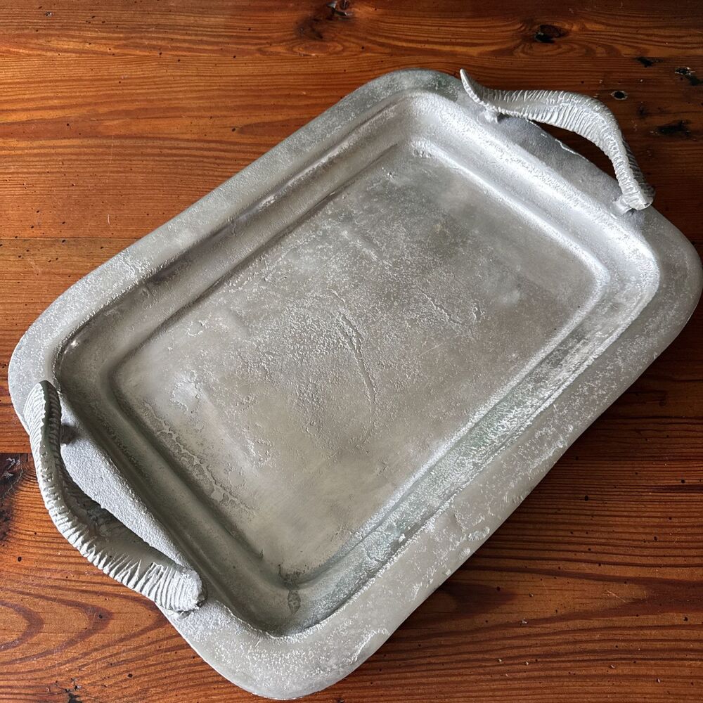 Vintage Large Hammered Aluminum Tray Aluminum Horn Handles